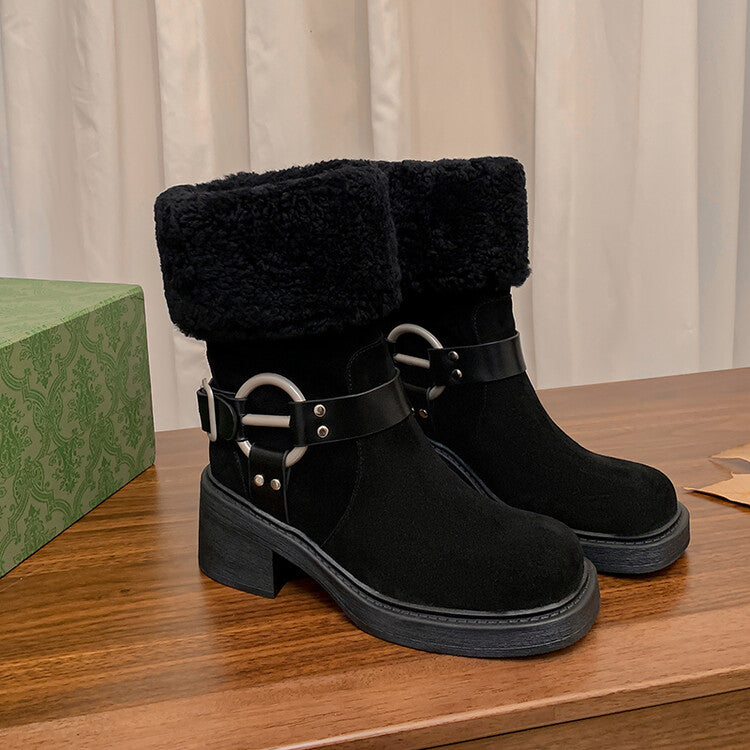 Karin Luna Genuine Lamb Wool and Cowhide Leather Hot-selling Metal Buckle Round Toe Chunky Heel Main Push Main Push