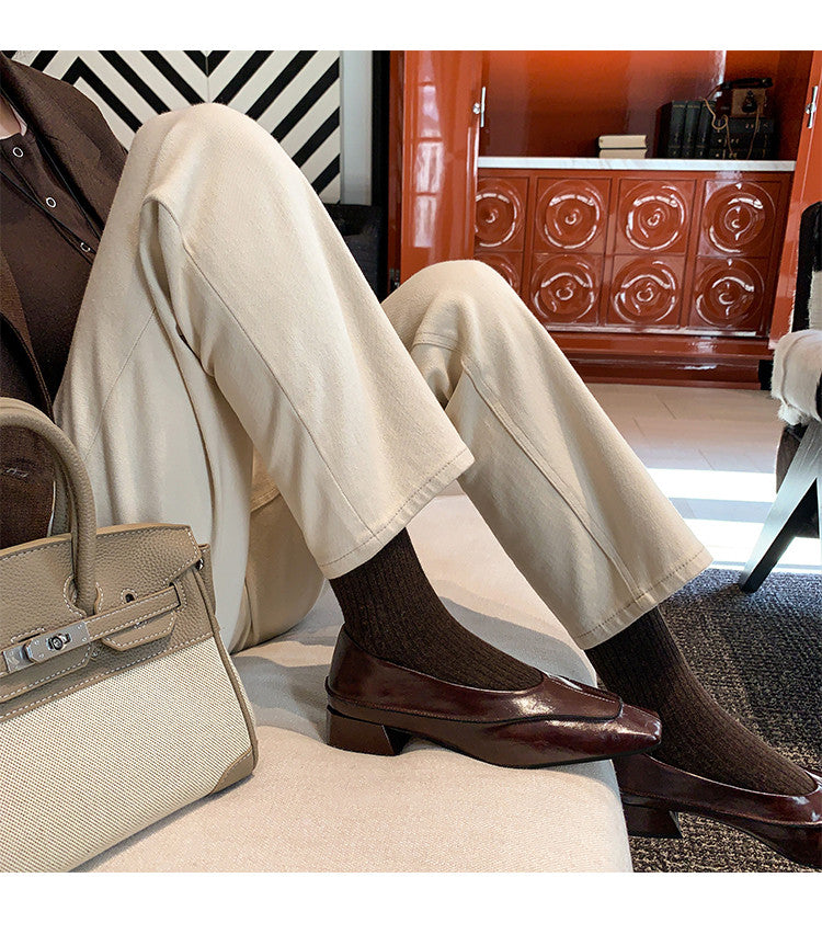 Karin Luna In Stock Spot Goods  Retro Full Leather Square Toe Shallow Mouth Single Shoes