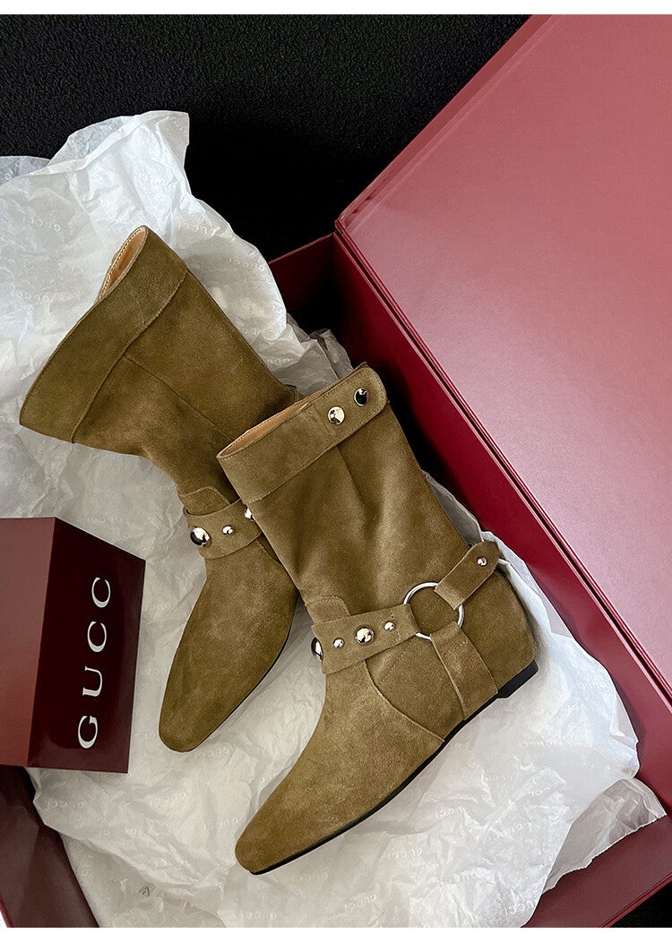 Karin Luna has prepared stock  Hot-Selling Retro Pointed Toe Wedge Metal Buckle High Tube Western Boots