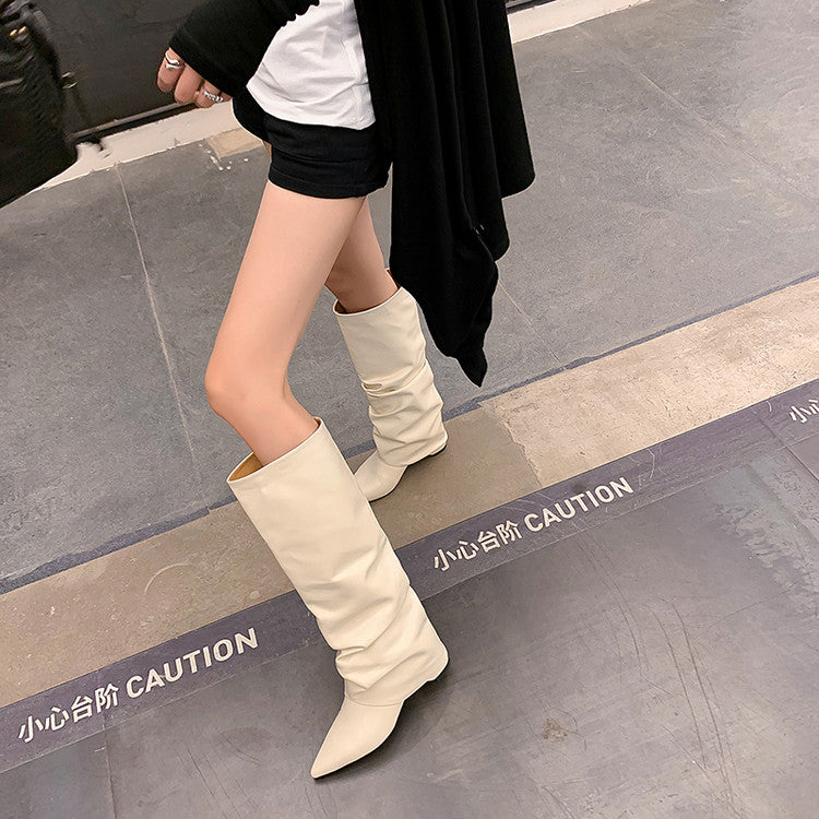 Karin Luna Elegant Style Pointed Toe Hidden Wedge Long Boots