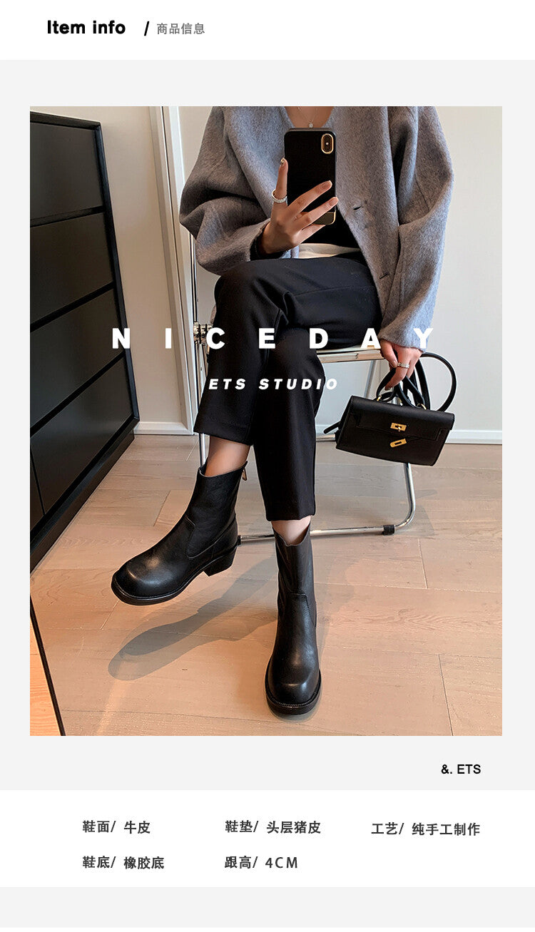 Karin Luna In Stock Spot Goods  Full-grain leather inside and out   Minimalist Texture  Round Toe Flat Bottom Basic Short Boots