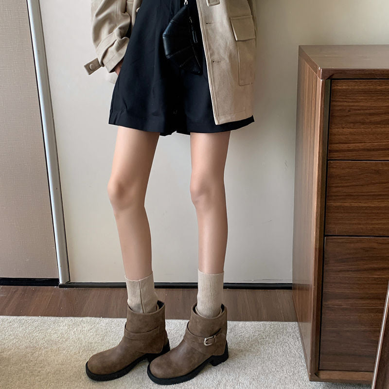Karin Luna In Stock Spot Goods Versatile Basic Round Toe Belt Buckle Thick Sole Tube Boots