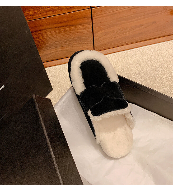 Karin Luna In Stock Look~This is such thick lamb wool Winter Atmosphere！Cowhide Leather Lamb Wool Round Toe Flat Sole Half Support！