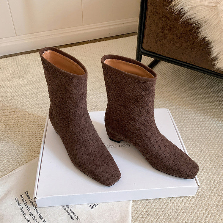 Karin Luna Handmade Woven Fabric Small Square Toe Hidden Heel Short Boots