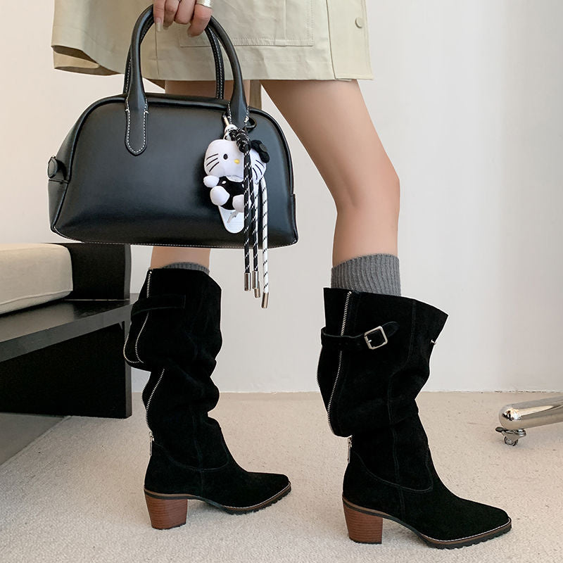 Karin Luna In Stock Spot Goods Retro Cowhide Leather Chunky Heel Suede Long Boots