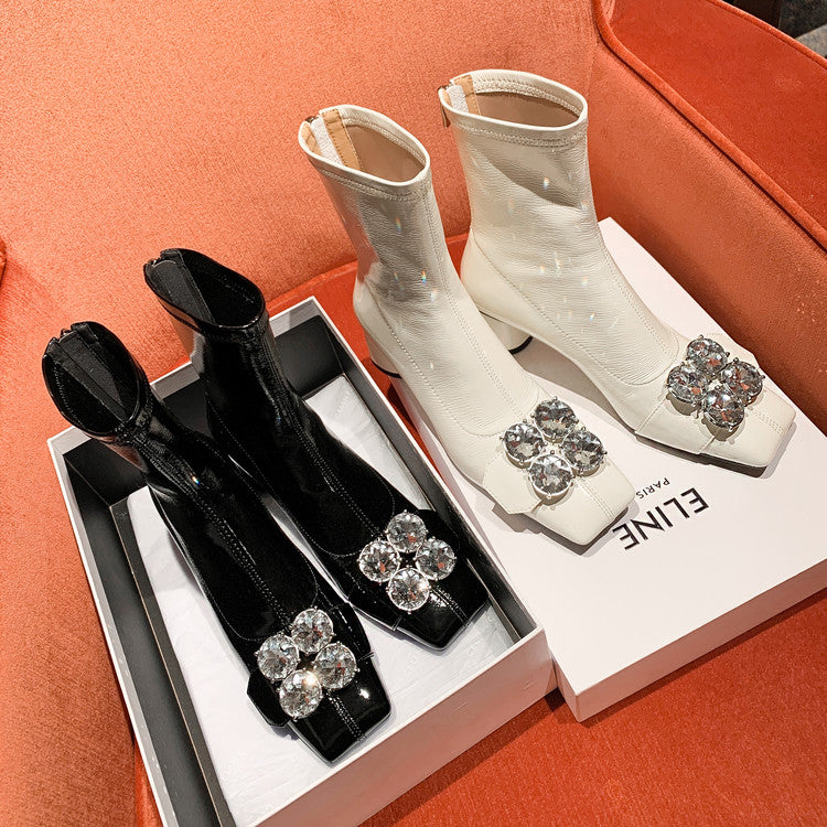 Karin Luna In Stock  Elegant Style Square Toe Rhinestone Chunky Heel Ankle Boots
