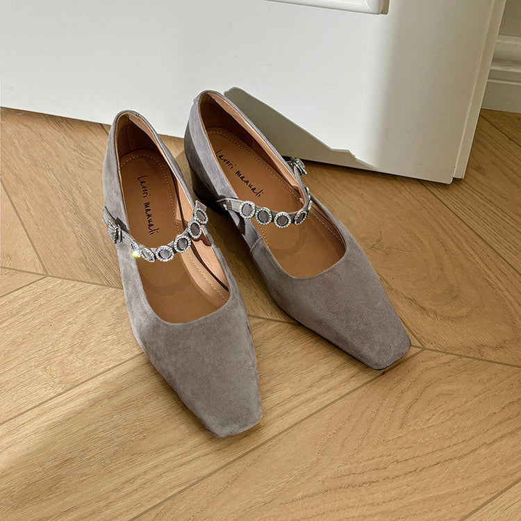 Karin Luna In Stock Spot Goods  Vintage Full Leather Square Toe Rhinestone Strap Shallow Mouth Single Shoes