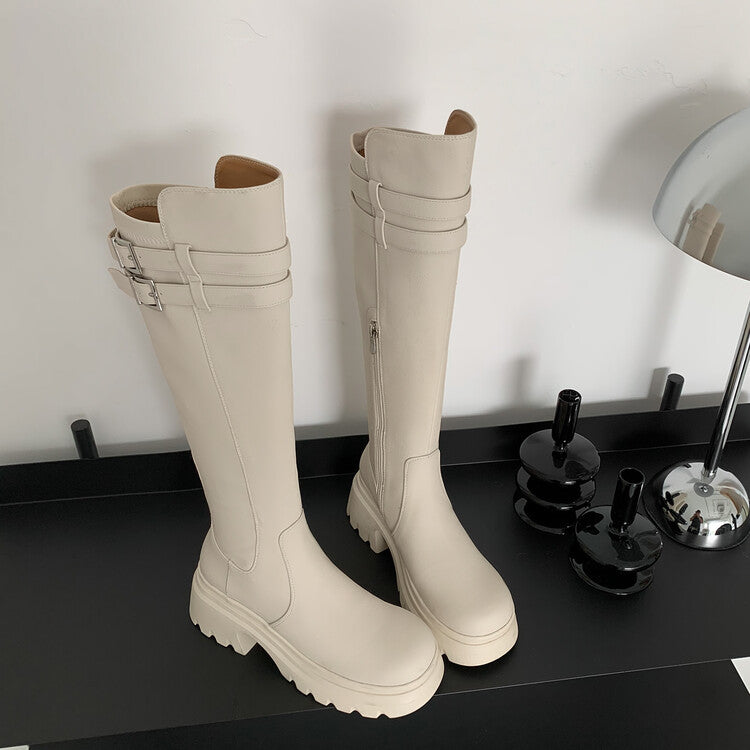 Karin Luna In Stock  Round Toe Thick Sole Casual Belt Buckle Long Boots