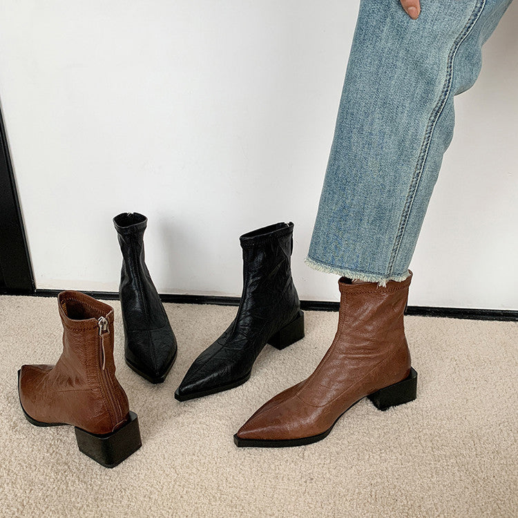 Karin Luna Elegant Style Pointed Toe Chunky Heel Short Boots