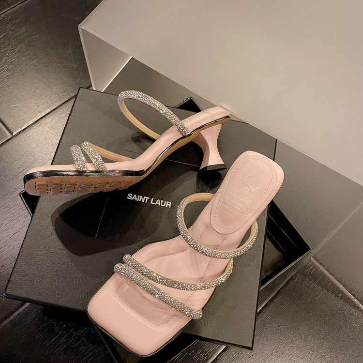 Karin Luna In Stock Spot Goods  Minimalist Versatile Square Toe Rhinestone Strap Open-Toe Sandals