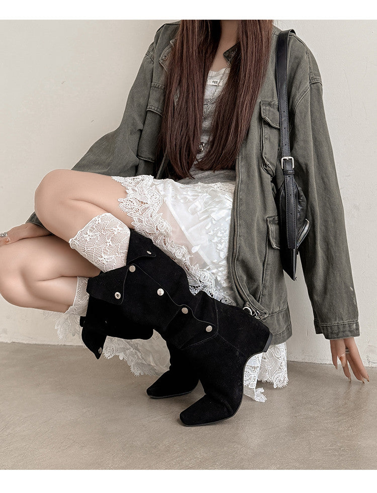 Karin Luna Bestseller Hot-Selling Hidden Buckle Lazy Style Square-Toe Height-Increasing Suede Western Boots