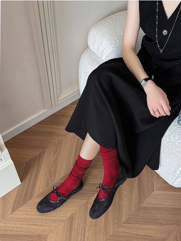 Karin Luna In Stock Spot Goods  Summer Breathable Retro Embroidered Bow Granny Shoes