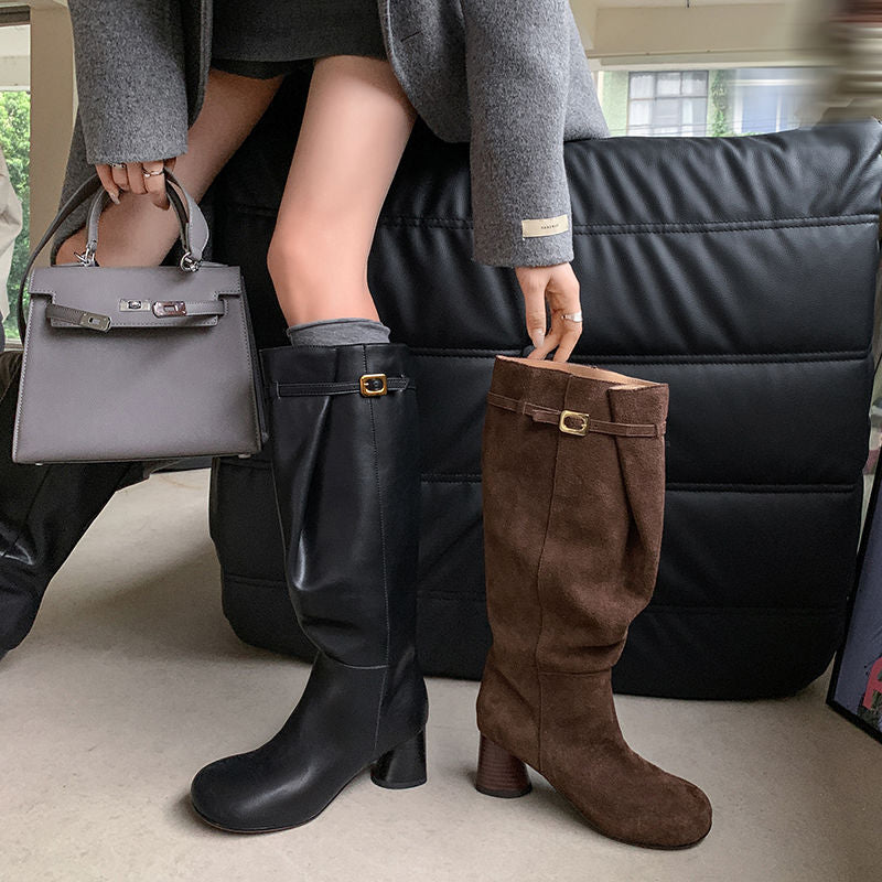 Karin Luna In Stock In Stock Mango Head Large Tube Belt Buckle Chunky Heel Long Boots