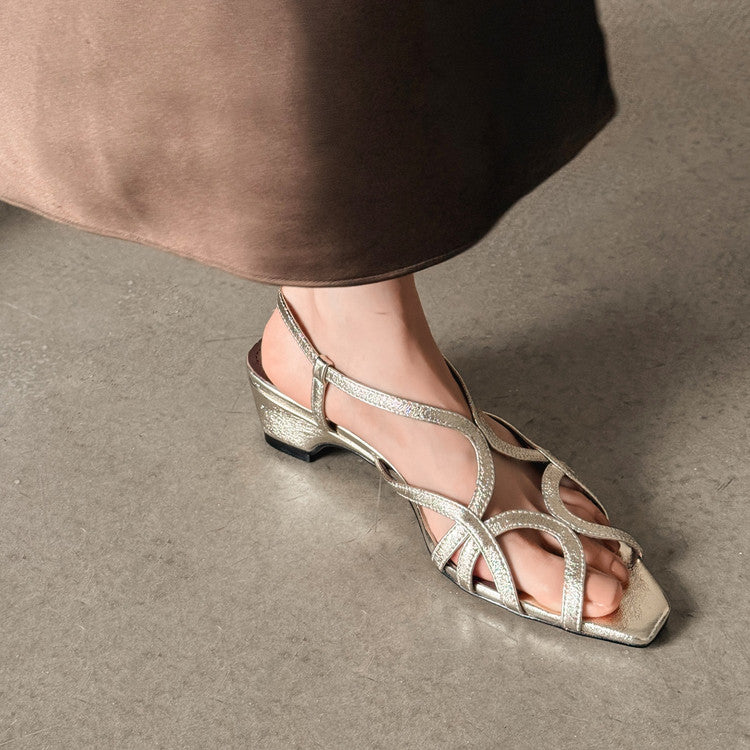 Karin Luna French Hollow Style Small Square Toe Chunky Heel Sandals