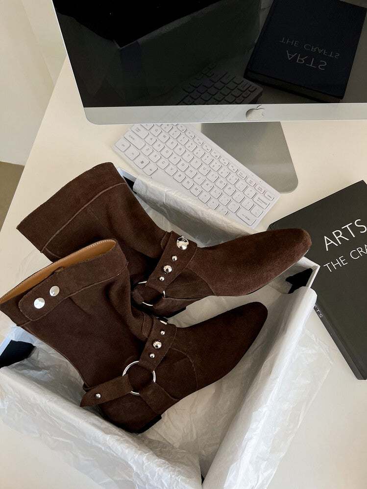 Karin Luna has prepared stock  Hot-Selling Retro Pointed Toe Wedge Metal Buckle High Tube Western Boots