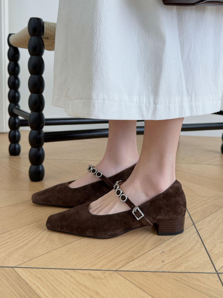 Karin Luna In Stock Spot Goods  Vintage Full Leather Square Toe Rhinestone Strap Shallow Mouth Single Shoes