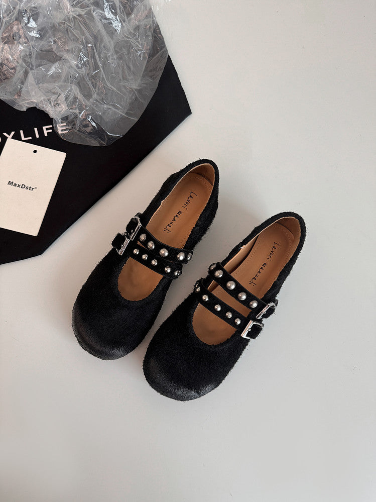 Karin Luna Hot Item Hot Item Punk Style One-Strap Round-Toe Suede Leather Height-Increasing Flats