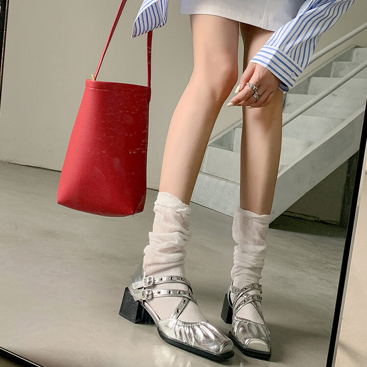 Karin Luna In Stock Spot Goods First Layer Sheepskin Cross Strap Rivet Square Toe Mary Jane Sandals