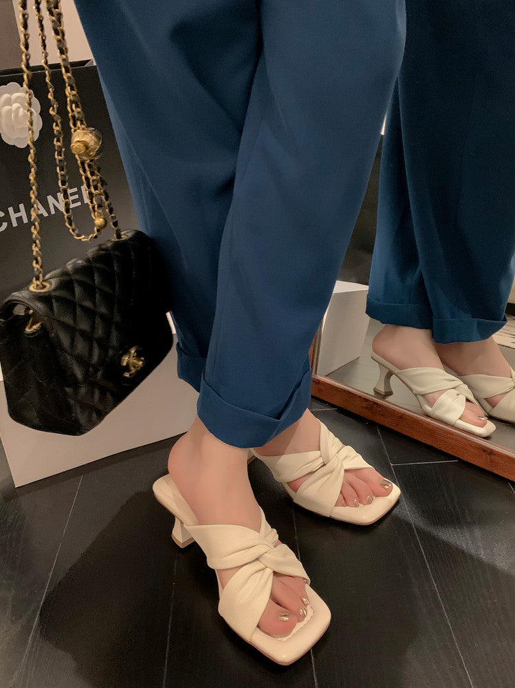 Karin Luna In Stock In Stock  Comfortable Cross Strap  Airy High Heel Square Toe Slippers