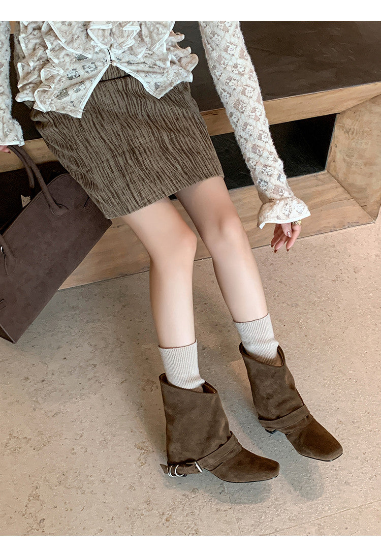 Karin Luna Data Hot Item Square Toe Hidden Wedge Belt Buckle Suede Ankle Boots