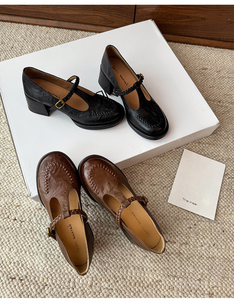 Karin Luna In Stock Spot Goods Vintage Braided Twist High Heels T Round Toe Thick Sole Single Shoes