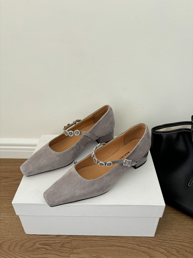 Karin Luna In Stock Spot Goods  Vintage Full Leather Square Toe Rhinestone Strap Shallow Mouth Single Shoes