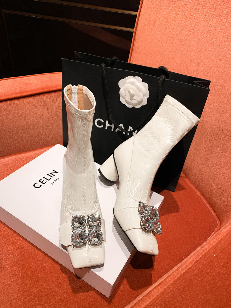 Karin Luna In Stock  Elegant Style Square Toe Rhinestone Chunky Heel Ankle Boots
