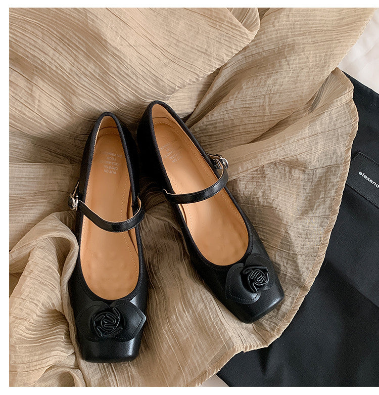 Karin Luna In Stock Spot Goods  Vintage Three-Dimensional Camellia Square-Toed Mary Jane Shoes
