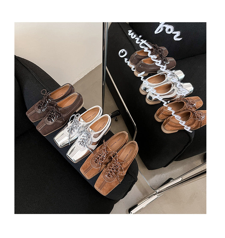 Karin Luna In Stock Spot Goods   Pig Nose Thin Strap Square Toe Patchwork Single Shoes