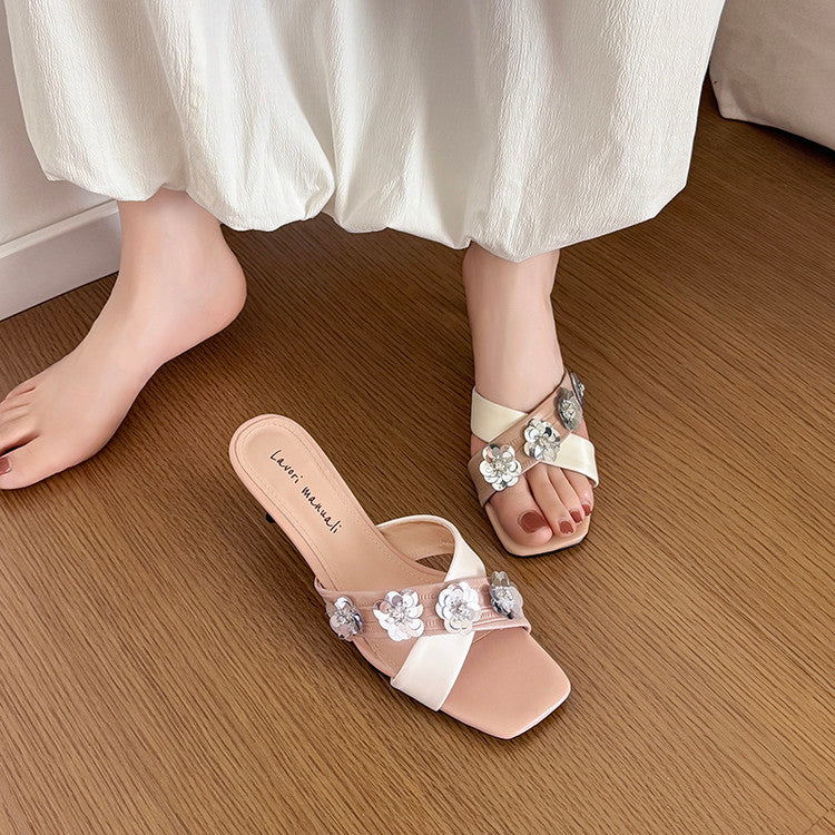 Karin Luna In Stock Spot Goods  Sequin Floral Cross Strap Square Toe Stiletto Slippers