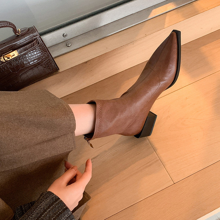 Karin Luna Elegant Style Pointed Toe Chunky Heel Short Boots