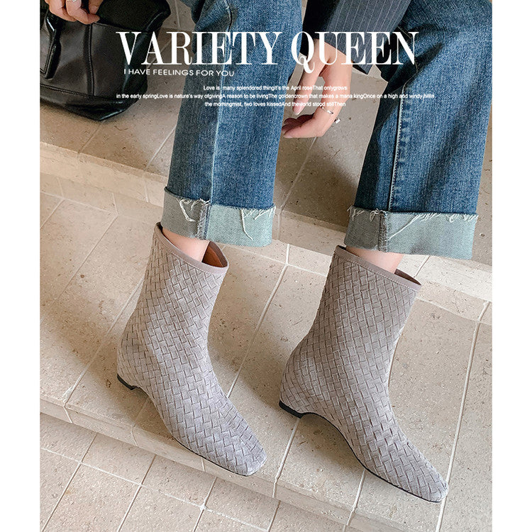 Karin Luna Handmade Woven Fabric Small Square Toe Hidden Heel Short Boots