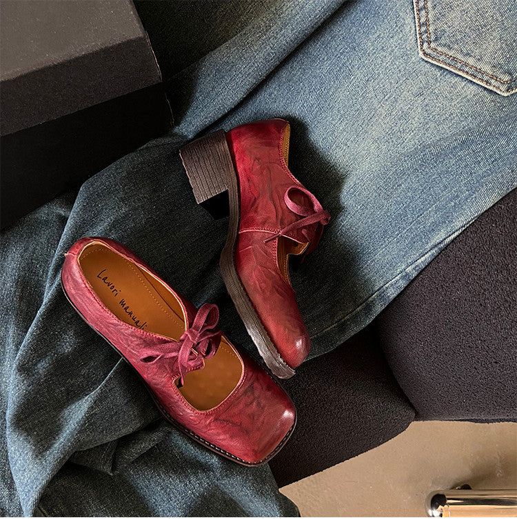 Karin Luna In Stock Spot Goods   Full leather inside and out Vegetable Tanned Hand-Grabbed Sheepskin Square-Toed Chunky Heel Single Shoes