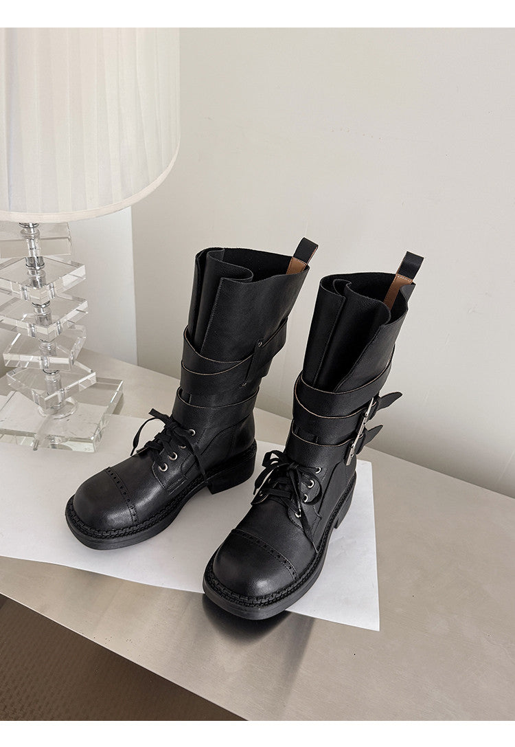 Karin Luna Bestseller Hot-Selling Large Tube Leather Belt Buckle Round Toe Thick-Soled Short Boots