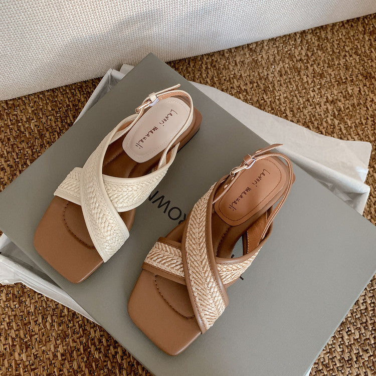 Karin Luna In Stock  Spot Goods Woven Style  Cross-strap Vacation Style Flat Sandals