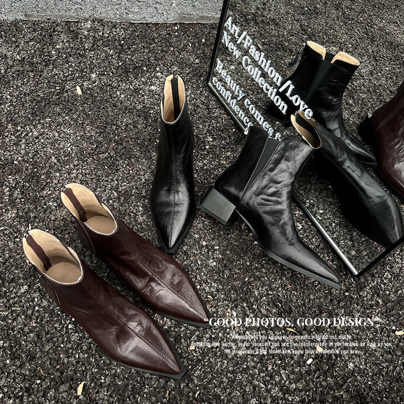 Karin Luna In Stock Spot Goods Elegant Stretch Fabric Patchwork Pointed Toe Chunky Heel Short Boots
