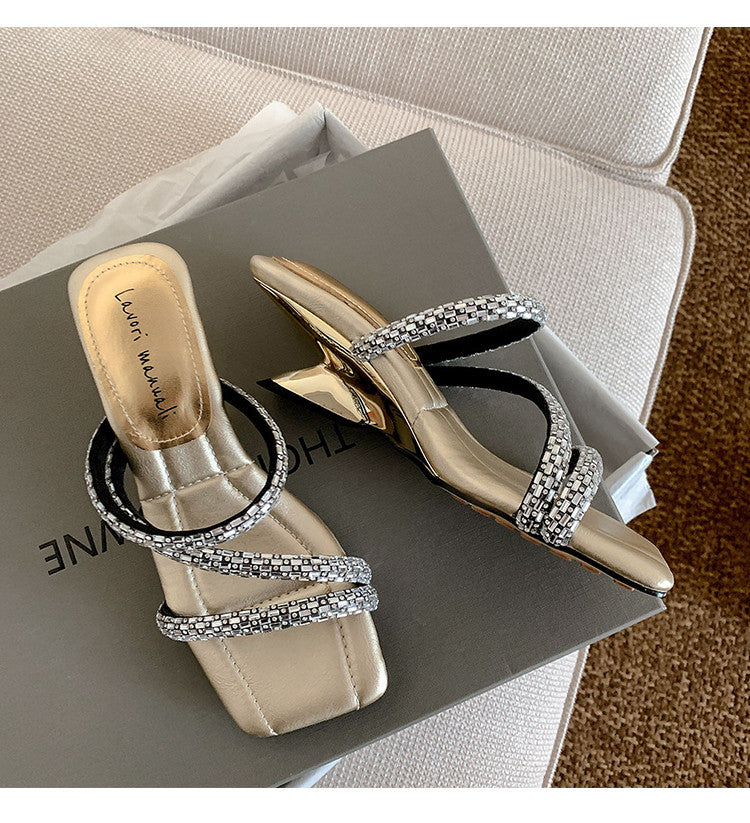 Karin Luna In Stock Spot Goods  Rhinestone One-Strap Irregular Heel Square-Toe Slippers