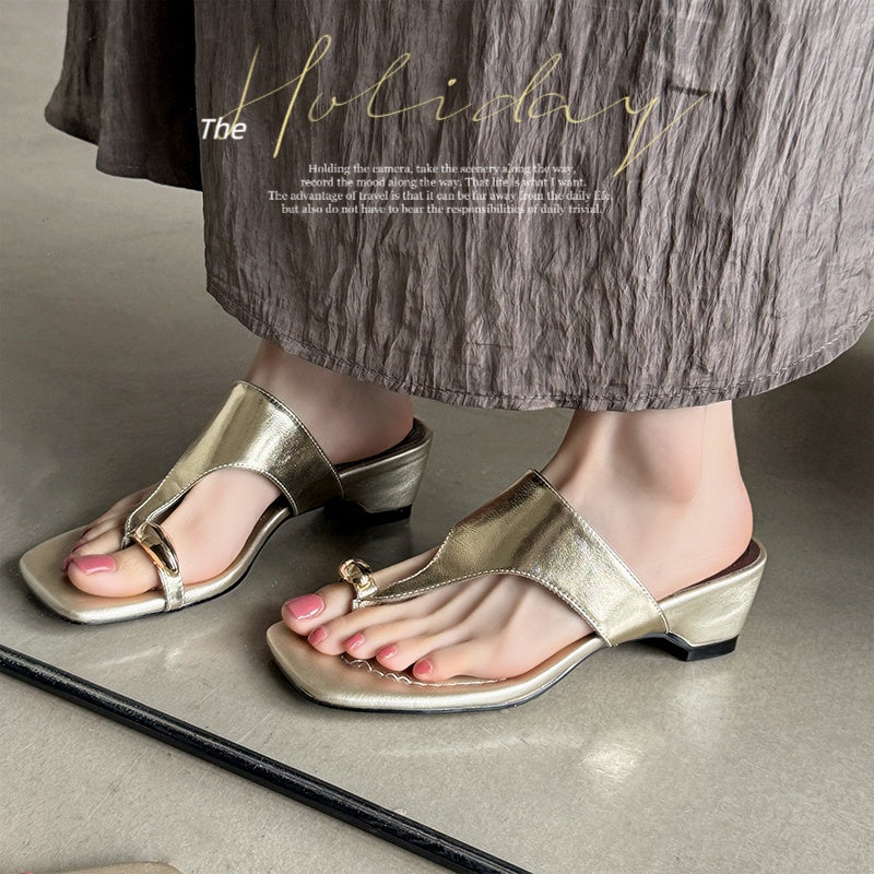 Karin Luna In Stock Spot Goods Clip-toe Square Toe Metal Buckle Minimalist Slippers