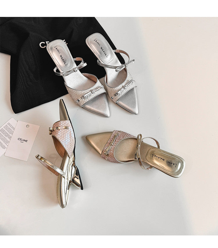 Karin Luna Fish Skin Series~Pointed Toe Irregular Heel Bowknot Strap Slippers