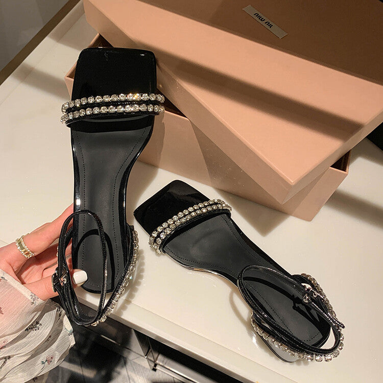 Karin Luna Classic Style   Rhinestone Strap Chunky Heel Open-Toe Sandals