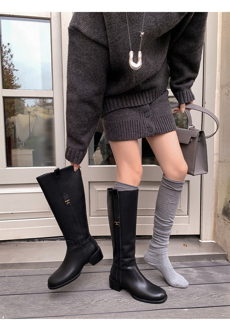 Karin Luna In Stock Spot Goods Basic Retro Square Toe Chunky Heel Riding Boots