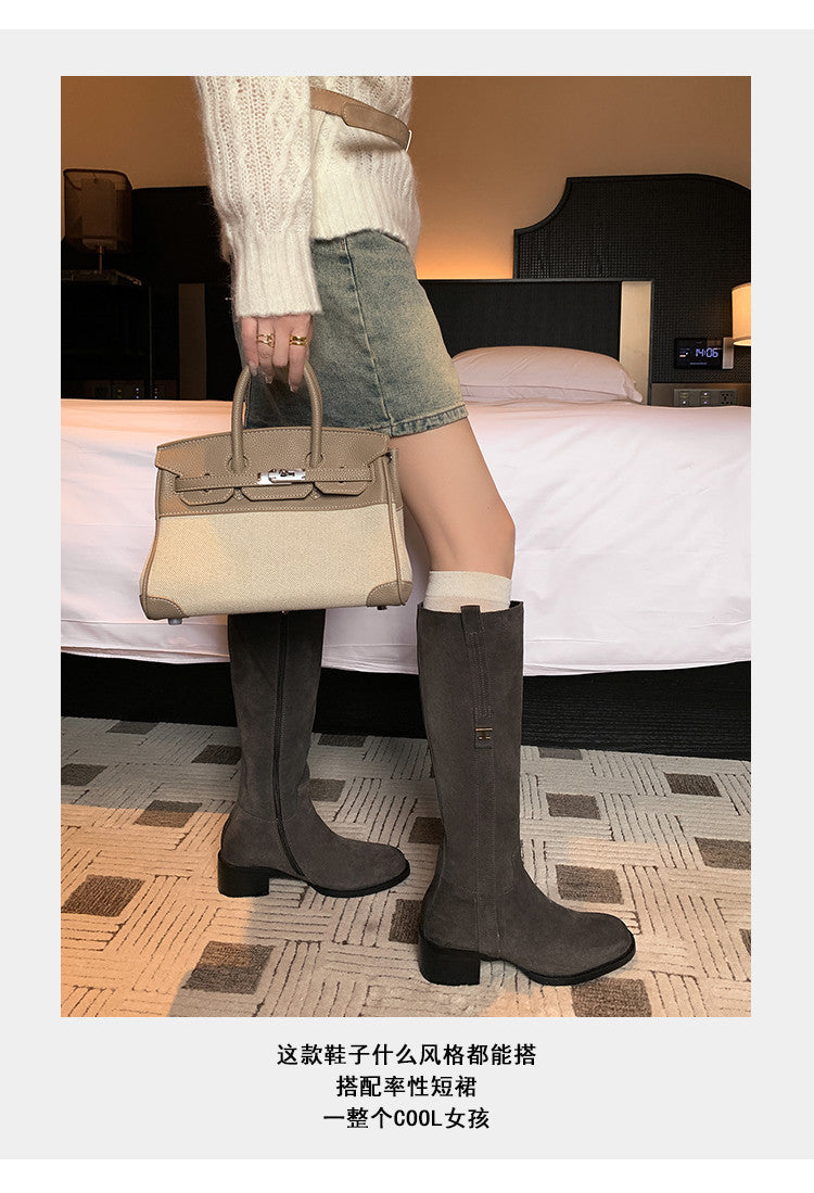 Karin Luna In Stock Spot Goods Basic Retro Square Toe Chunky Heel Riding Boots