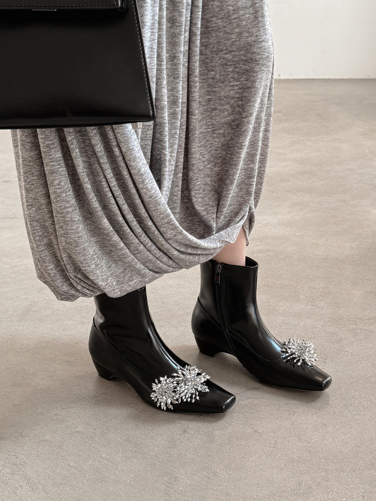 Karin Luna Elegant Style Square Toe Flower Design Height Increasing Short Boots with Two Front and Back Options