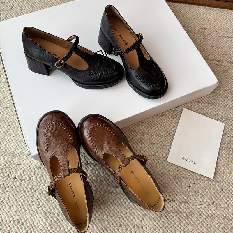 Karin Luna In Stock Spot Goods Vintage Braided Twist High Heels T Round Toe Thick Sole Single Shoes