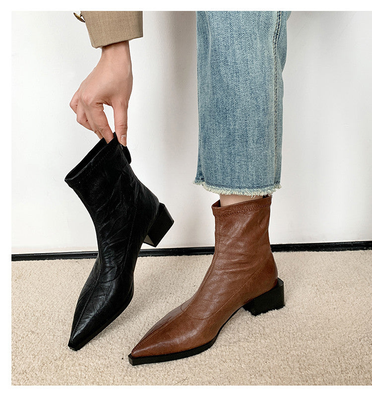 Karin Luna Elegant Style Pointed Toe Chunky Heel Short Boots