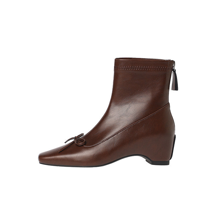 Karin Luna French Style Square Toe Bowknot Hidden Wedge Slim Boots