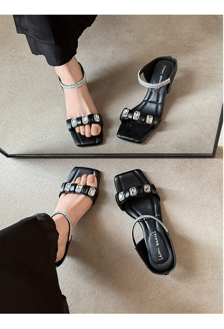 Karin Luna Bestseller Popular Rhinestone Ribbon Square Toe Slippers