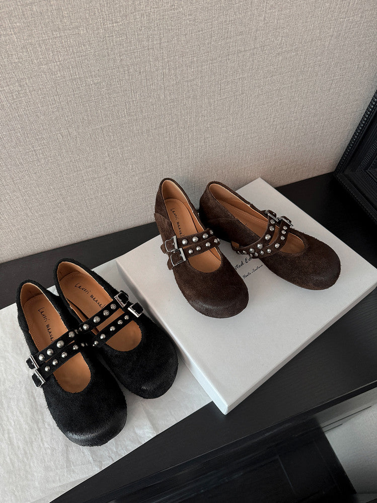Karin Luna Hot Item Hot Item Punk Style One-Strap Round-Toe Suede Leather Height-Increasing Flats