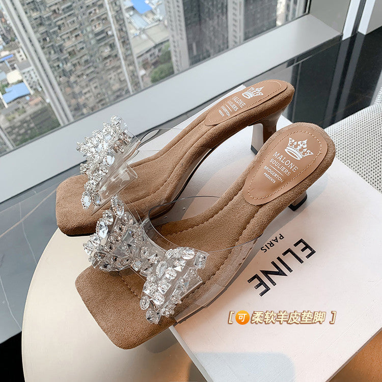 Karin Luna In Stock In Stock Transparent Bow Square Toe Suede Open Toe Sandals