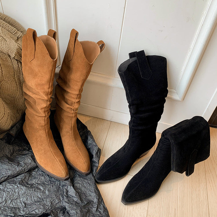Karin Luna Elegant Style  Pointed Toe Wrinkled Wide Western Boots